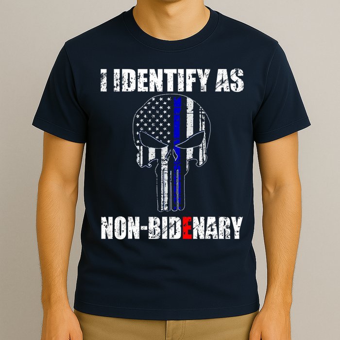 I Identify As Non Bidenary Skull Line Blue T-Shirt