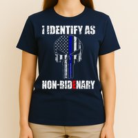 I Identify As Non Bidenary Skull Line Blue T-Shirt