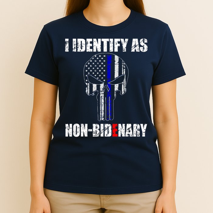 I Identify As Non Bidenary Skull Line Blue T-Shirt
