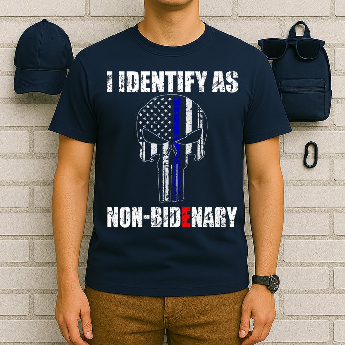 I Identify As Non Bidenary Skull Line Blue T-Shirt
