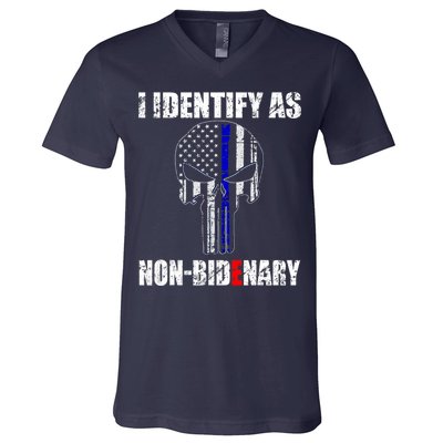 I Identify As Non Bidenary Skull Line Blue V-Neck T-Shirt