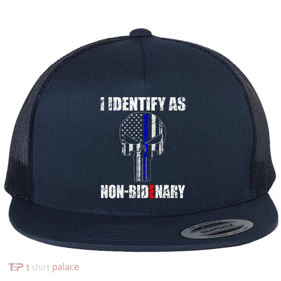 I Identify As Non Bidenary Skull Line Blue Flat Bill Trucker Hat