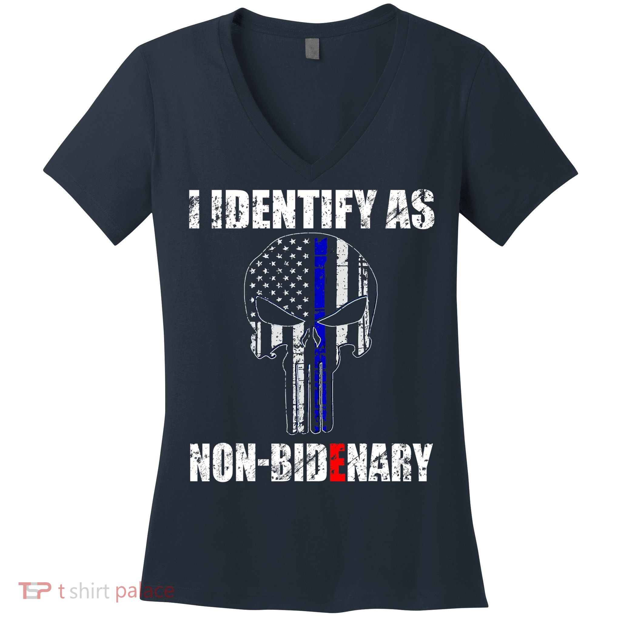 I Identify As Non Bidenary Skull Line Blue Women's V-Neck T-Shirt