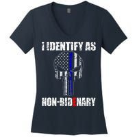 I Identify As Non Bidenary Skull Line Blue Women's V-Neck T-Shirt