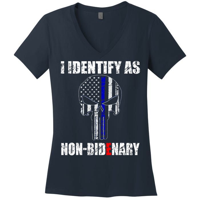 I Identify As Non Bidenary Skull Line Blue Women's V-Neck T-Shirt