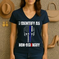 I Identify As Non Bidenary Skull Line Blue Women's V-Neck T-Shirt