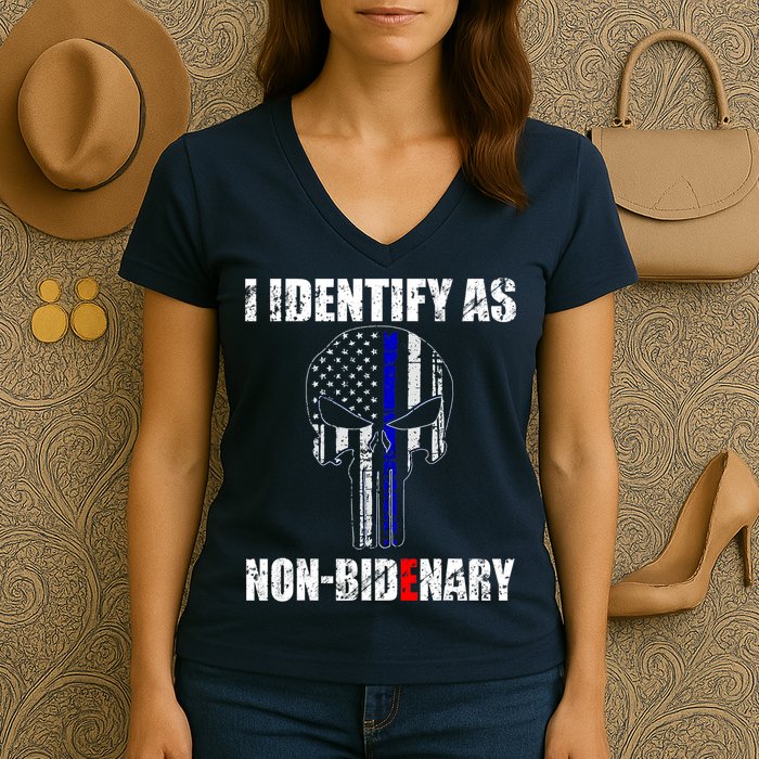I Identify As Non Bidenary Skull Line Blue Women's V-Neck T-Shirt