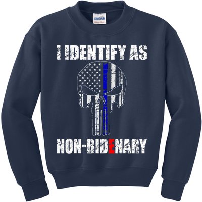 I Identify As Non Bidenary Skull Line Blue Kids Sweatshirt