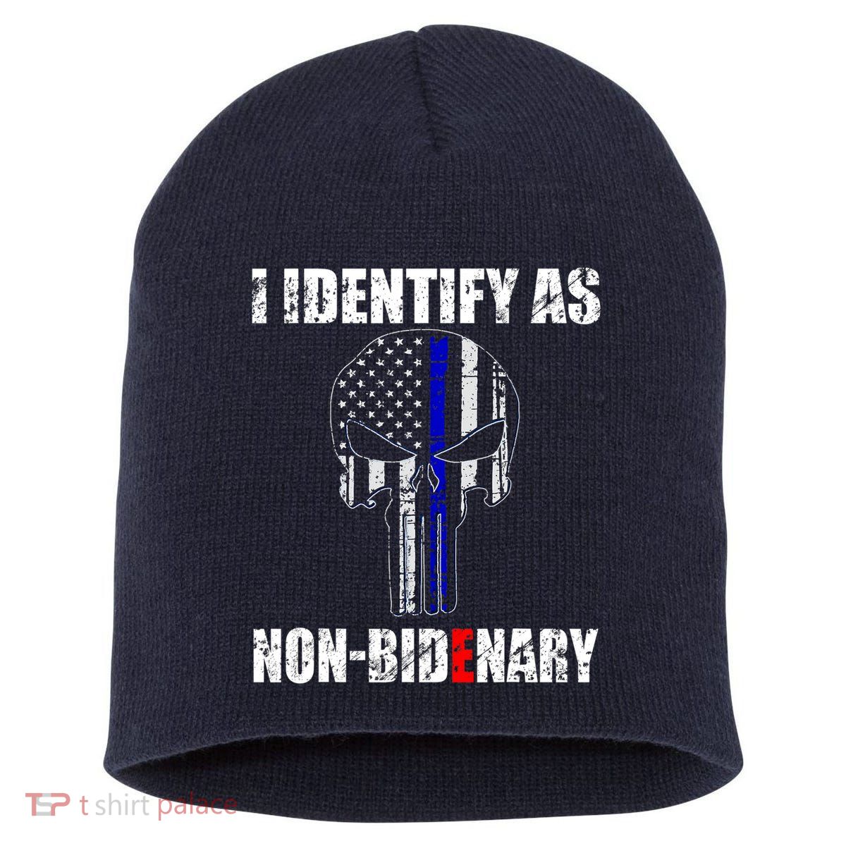 I Identify As Non Bidenary Skull Line Blue Short Acrylic Beanie