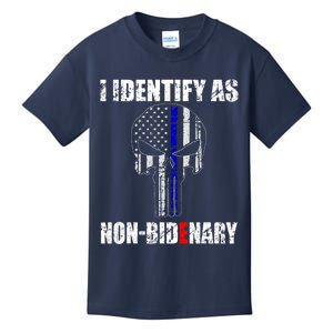 I Identify As Non Bidenary Skull Line Blue Kids T-Shirt