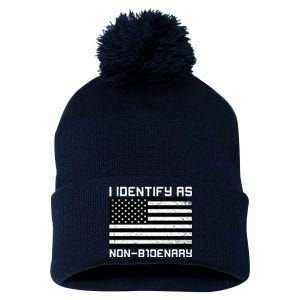 I Identify As Non B1denary USA American Flag Pom Pom 12in Knit Beanie