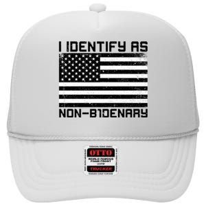 I Identify As Non B1denary USA American Flag High Crown Mesh Back Trucker Hat