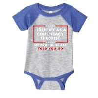 I Identify As A Conspiracy Theorist My Pronouns Are Told Infant Baby Jersey Bodysuit