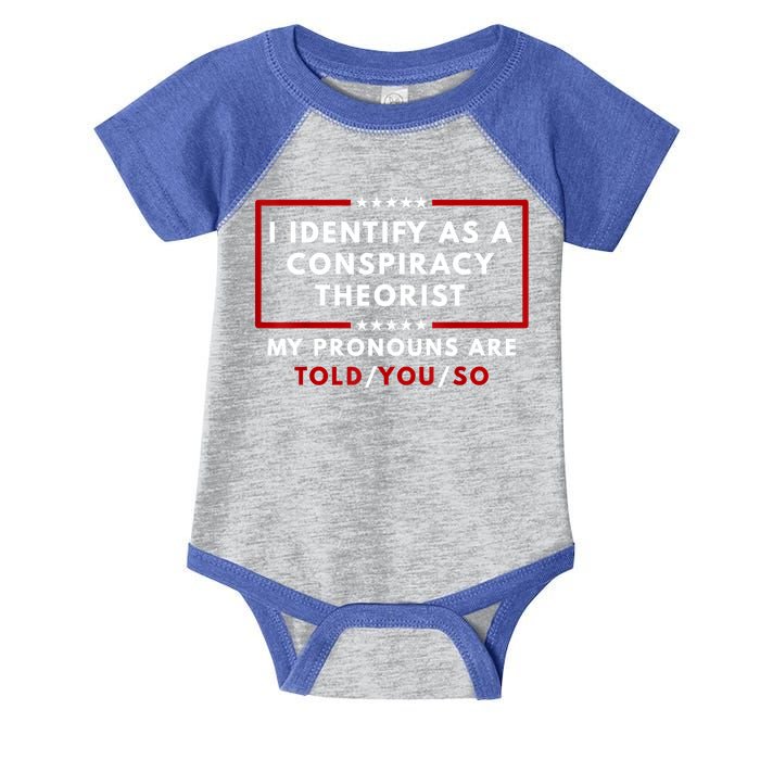 I Identify As A Conspiracy Theorist My Pronouns Are Told Infant Baby Jersey Bodysuit