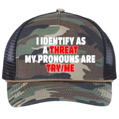 I Identify As A Threat My Pronouns Are Try Me Funny Pronoun Cool Gift Retro Rope Trucker Hat Cap