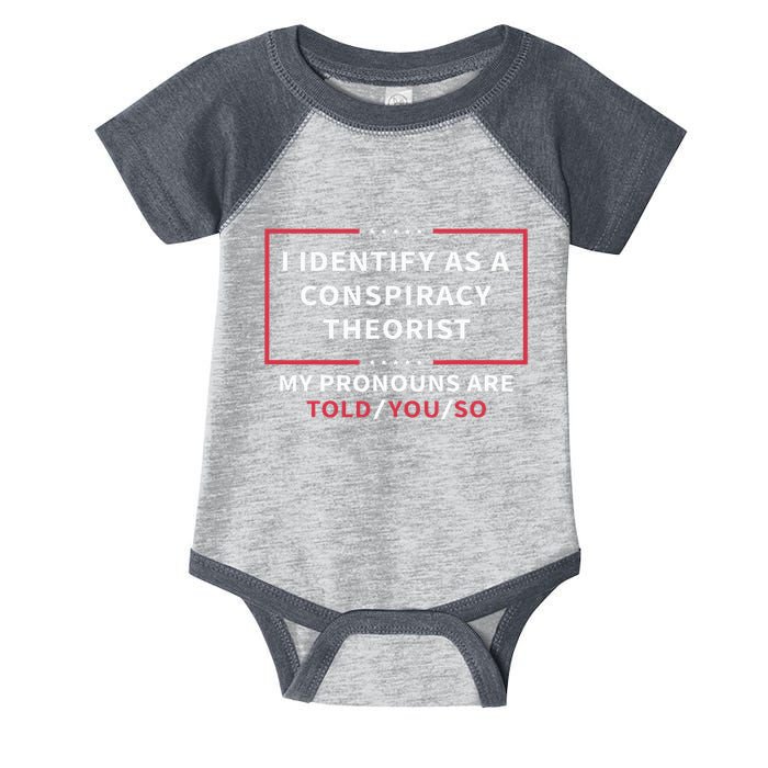 I Identify As A Conspiracy Theorist My Pronouns Are Told You Infant Baby Jersey Bodysuit