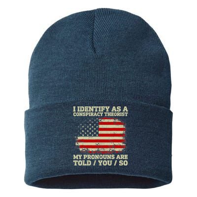 I Identify As A Conspiracy Theorist Vintage American Flag Sustainable Knit Beanie