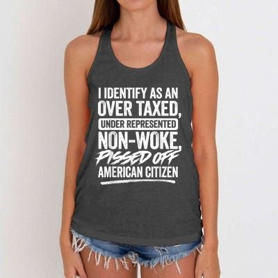 I Identify As An Over Taxed Under Represented Non Woke Bissed Off American Citiz Women's Knotted Racerback Tank