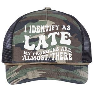 I Identify As Late My Pronouns Are Almost There Retro Rope Trucker Hat Cap