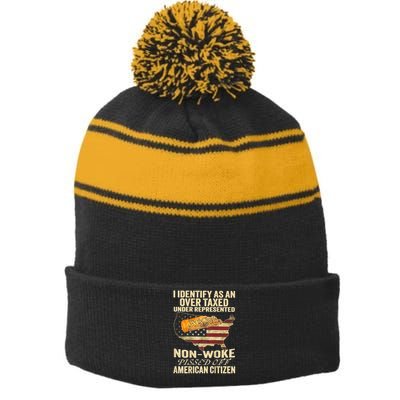 I Identify As An Over Taxed Under (On Back) Stripe Pom Pom Beanie