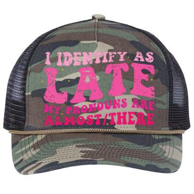 I Identify As Late My Pronouns Are Almost There Retro Rope Trucker Hat Cap