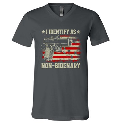 I Identify As Non Bidenary Anti Biden American Flag V-Neck T-Shirt