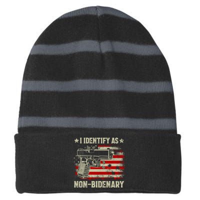 I Identify As Non Bidenary Anti Biden American Flag Striped Beanie with Solid Band