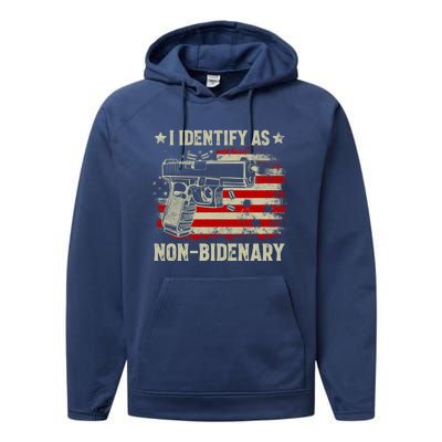 I Identify As Non Bidenary Anti Biden American Flag Performance Fleece Hoodie