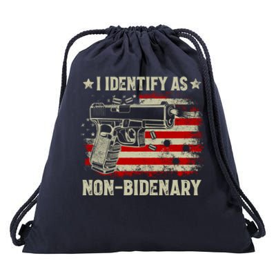 I Identify As Non Bidenary Anti Biden American Flag Drawstring Bag