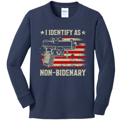 I Identify As Non Bidenary Anti Biden American Flag Kids Long Sleeve Shirt