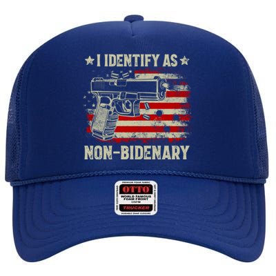 I Identify As Non Bidenary Anti Biden American Flag High Crown Mesh Back Trucker Hat