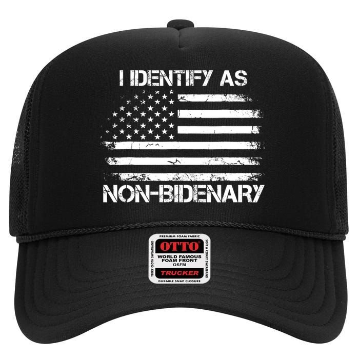 I Identify As Non Bidenary Anti Biden American Us Flag High Crown Mesh Back Trucker Hat