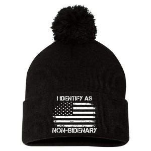 I Identify As Non Bidenary Anti Biden American Us Flag Pom Pom 12in Knit Beanie