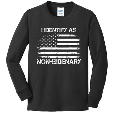 I Identify As Non Bidenary Anti Biden American Us Flag Kids Long Sleeve Shirt