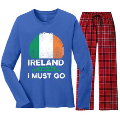 Ireland Is Calling I Must Go Irish Heritage Roots Flag Pride Cool Gift Women's Long Sleeve Flannel Pajama Set 