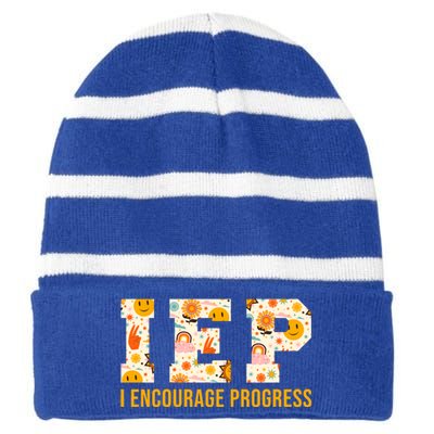 Iep I Encourage Progress Special Education School Teacher Gift Striped Beanie with Solid Band