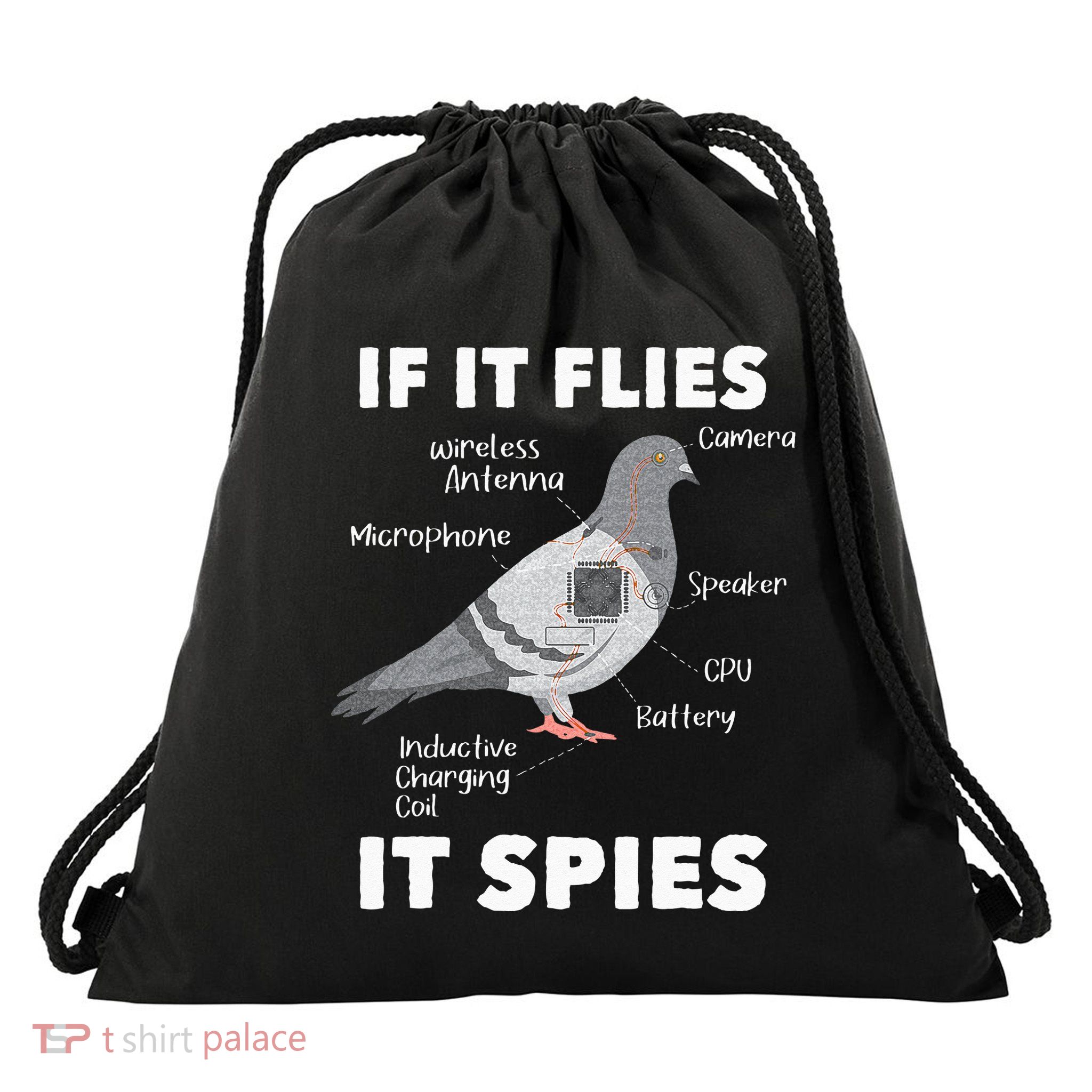 If It Flies It Spies Pigeon Whisperer Birdwatching Drawstring Bag