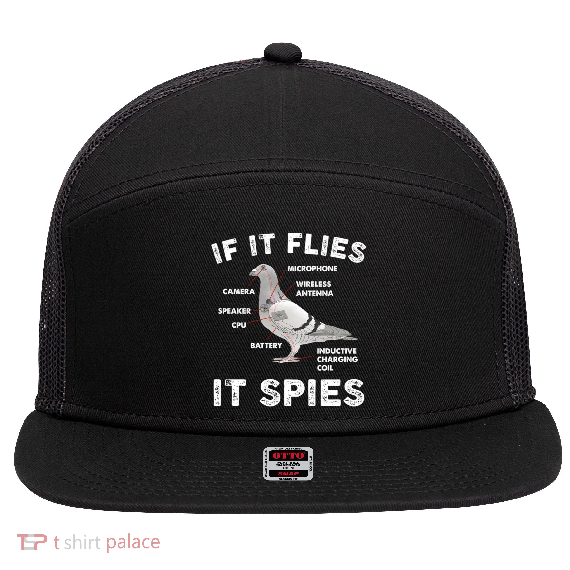 If It Flies It Spies Pigeon Anatomy Bird Funny 7 Panel Mesh Trucker Snapback Hat