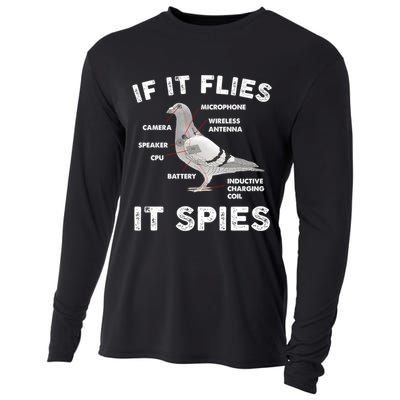 If It Flies It Spies Pigeon Anatomy Bird Funny Cooling Performance Long Sleeve Crew