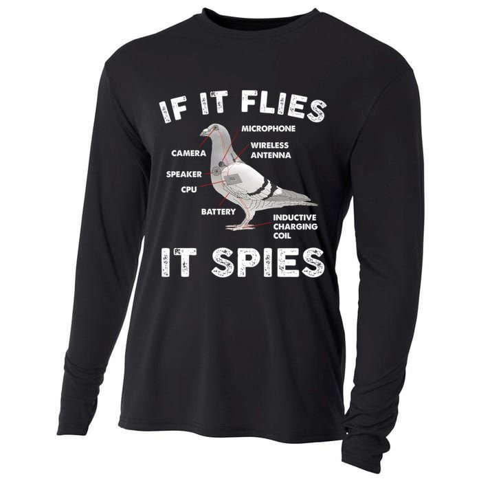 If It Flies It Spies Pigeon Anatomy Bird Funny Cooling Performance Long Sleeve Crew