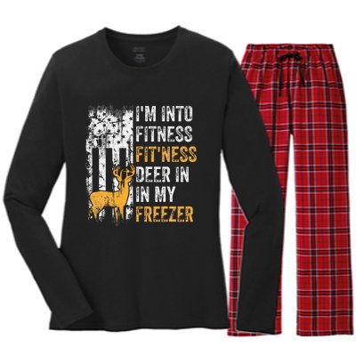 I'm Into Fitness Deer Freezer Funny Hunting Deer Hunter Women's Long Sleeve Flannel Pajama Set 