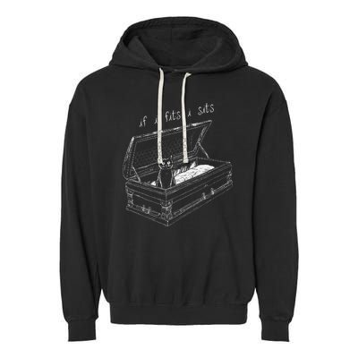 If I Fits I Sits Black Cat Coffin Kitty Sitting In A Casket Garment-Dyed Fleece Hoodie