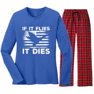 If It Flies It Dies American Flag Duck Hunter Gift Women's Long Sleeve Flannel Pajama Set 