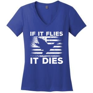 If It Flies It Dies American Flag Duck Hunter Gift Women's V-Neck T-Shirt