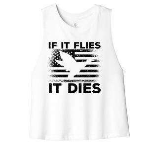 If It Flies It Dies American Flag Duck Hunter Gift Women's Racerback Cropped Tank