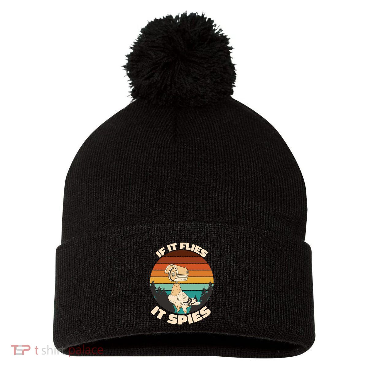If It Flies It Spies Bird Watcher Government Spying Pom Pom 12in Knit Beanie