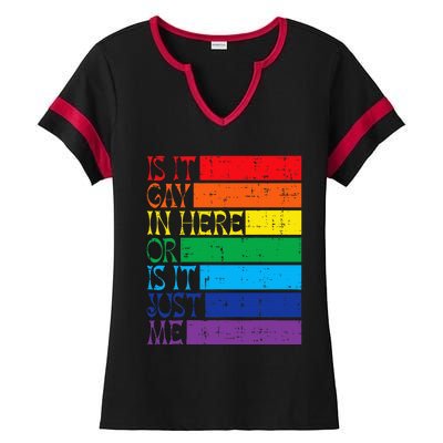 Is It Gay In Here Rainbow Pride Flag Lgbtq Ladies Halftime Notch Neck Tee