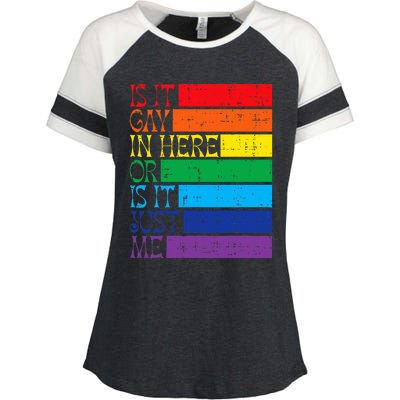 Is It Gay In Here Rainbow Pride Flag Lgbtq Enza Ladies Jersey Colorblock Tee