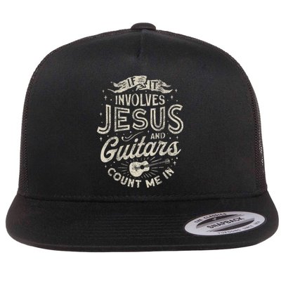 If It Involves Jesus And Guitars Guitarist Christian Music Flat Bill Trucker Hat