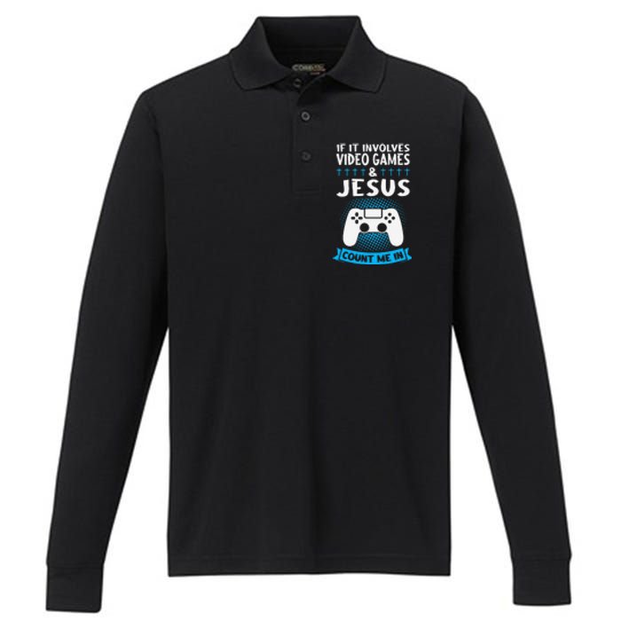 If It Involves Video Games & Jesus Count Me In Gaming Performance Long Sleeve Polo